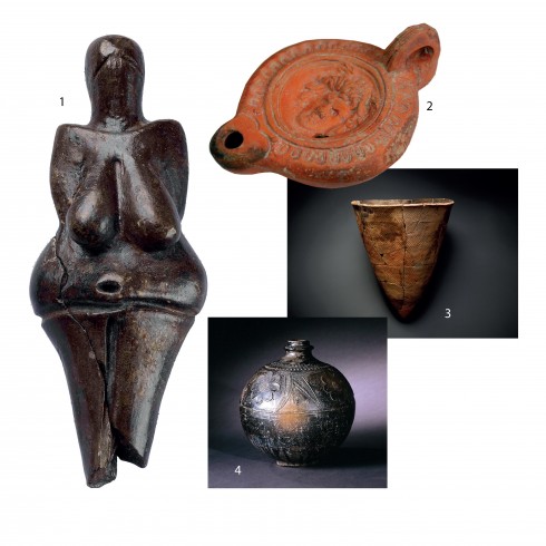 1.Venus of Dolní Věstonice - Bức tượng gốm cổ nhất từng được khai quật (Czech) 2.Đèn dầu thời Ai Cập cổ đại 3.Chậu gốm Jomon (Nhật Bản) 4.Bình gốm đen cổ đại (Trung Hoa).