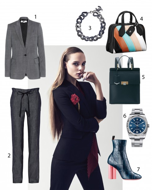 Người mẫu: Áo suit và khăn quàng cổ Saint Laurent, Quần 6357 1.Stella McCartney 2.Adam Lippes 3.Chanel 4.Louis Vuitton 5.Balenciaga 6.Rolex 7.Louis Vuitton