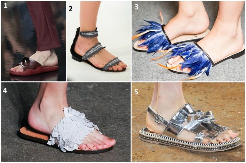 Những đôi sandals đế bệt được trang trí cầu kì trong show diễn thời trang Xuân - Hè 2015 1. CHRISTOPHER KANE 2. OSCAR DE LA RENTA 3. MSGM 4. TIBI 5. PETER SON