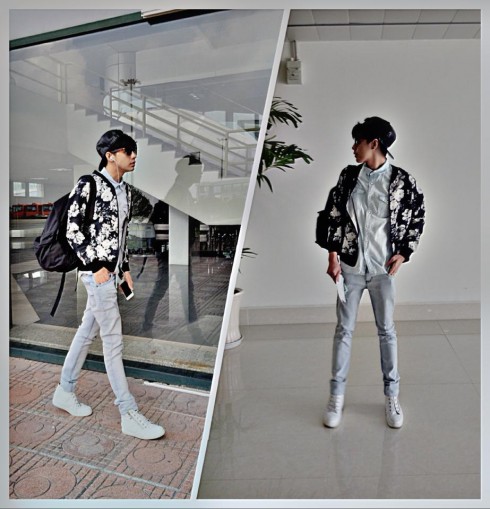 Chiếc áo khoác bomber họa tiết hoa đã đủ để Noo thu hút mọi ánh nhin.f