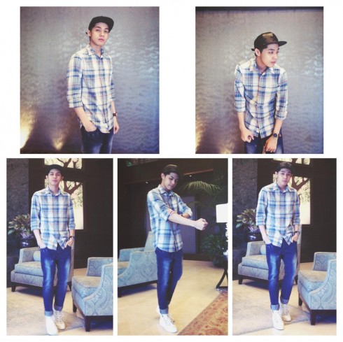 Áo sọc caro xanh ăn rơ với màu xanh của quần jeans. Nón lưỡi trai là item xuất hiện trong hầu hết các trang phục của Noo Phước Thịnh.