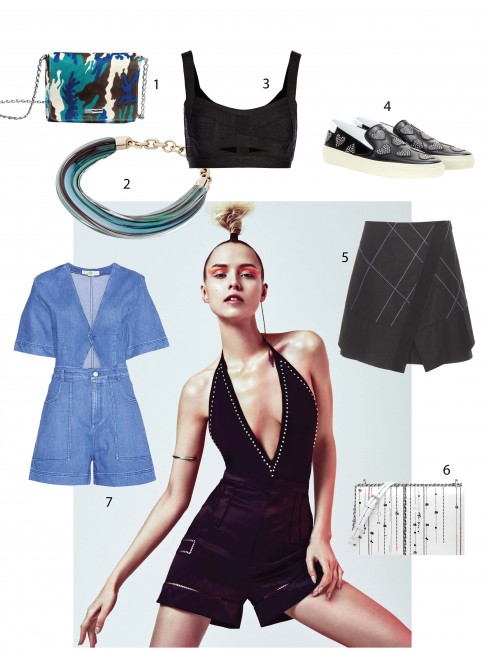 Người mẫu: Bodysuit và quần shorts Givenchy, Hoa tai Louis Vuitton, Vòng đeo tay Jennifer Fisher, Hoa tai Ana Khouri 1.Longchamp 2.Salvatore Ferragamo 3.Hervé Leger 4.Saint Laurent 5.Proenza Schouler 6.Dior 7.Stella McCartney