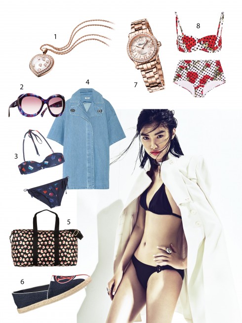 Người mẫu: Bikini Hermès. Áo khoác Alexander McQueen. Trang sức Jennifer Fisher. 1.Chopard 2.Chanel 3.Marc By Marc Jacobs 4.Kenzo 5.Stella McCartney 6.Louis Vuitton 7.Chopard 8.Dolce & Gabbana