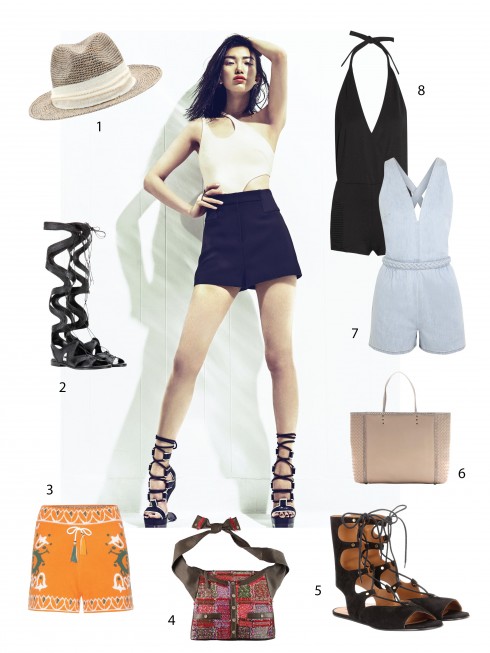 Người mẫu: Áo bơi Mugler. Quần shorts Balenciaga. Giày Alexander McQueen. Hoa tai và nhẫn Cristina Ortiz. 1.Hat Attack 2.Erdem 3.Emilio Pucci 4.Chanel 5.Chloé 6.Bottega Veneta 7.Valentino 8.Pierre Balmain