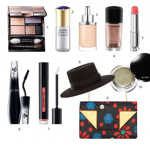 1.Bộ màu mắt maquillage Shiseido 2.Tinh chất dưỡng sáng da Shiseido 3.Kem nền dạng nước Dior 4.Sơn móng tay M.A.C 5.Son môi hai màu Dior 6.Mascara Grandiôse Lancôme 7.Son Laque Supreme Shu Uemura 8.Nón Saint Laurent 9.Túi Saint Laurent 10.Màu mắt dạng kem Shiseido  