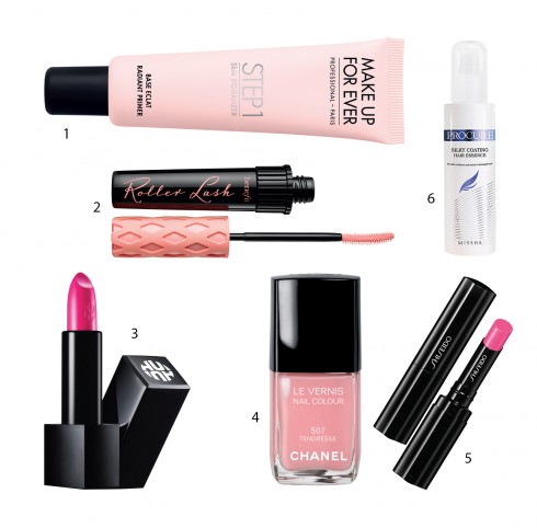 1.Kem lót Make Up Forever 2.Mascara làm cong, dày mi Benefit 3.Son môi Rouge Real O Hui 4.Sơn móng tay Chanel 5.Son môi Veiled Rouge Shiseido 6.Tinh chất làm mềm, bóng tóc Missha