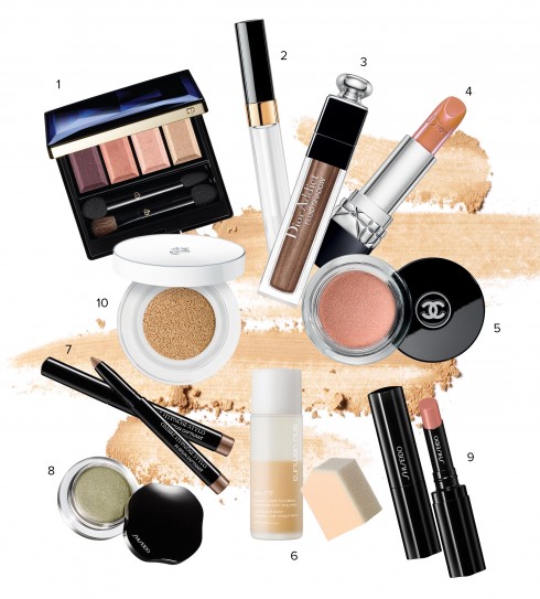 1.Bộ phấn mắt 4 màu Clé De Peau Beauté 2.Son bóng trong suốt Chanel 3. Màu mắt dạng kem Addict Fluid Shadow Dior 4. Son nude Rouge Dior 5. Màu mắt dạng kem có nhũ Chanel 6. Phấn nền dạng nước skin:Fit Shu Uemura 7.Màu mắt dạng bút sáp Ombre Hypnôse Stylo Lancôme 8. Màu mắt rêu có nhũ Shiseido 9.Son môi nude giàu ẩm Shiseido 10.Nền dạng cushion Blanc Expert Cushion Compact Lancôme