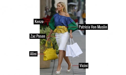 Áo cách điệu của Kenzo , chân váy Zac Posen, giầy cao gót Vicini , túi Alini, và thắt lưng Patricia Von Muslin
