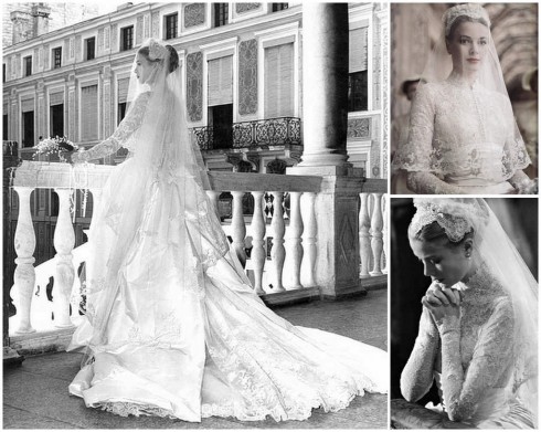 Vừa là một diễn viên, biểu tượng thời trang vừa là bà hoàng của Monaco, Grace Kelly là một trong những cô dâu đẹp và thanh lịch nhất thế giới. Trong đám cưới, nàng lựa chọn chiếc váy khá cầu kỳ với phần cổ đính ren tuyệt đẹp. Chiếc váy này đã truyền cảm hứng cho váy cưới của Kate Middleton sau này.
