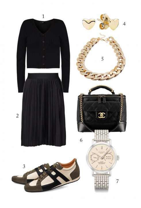 Cách phối đồ tông màu đen cho ngày Thứ HAI:<br/>1. MDSCOLLECTIONS 2. MANGO 3. HERME 4. PANDORA 5. GOLD BIG CHAIN NECKLACE 6. CHANEL 7. TIFFANY & CO