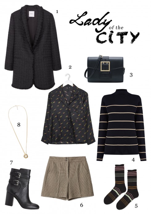 1.Áo blazer Mango - 2.Áo pyjama Topshop - 3.Túi Pedro - 4.Áo jumper cổ lọ Warehouse - 5.Vớ Topshop - 6.Quần shorts tailoring Zara - 7.Giày Nine West - 8.Dây chuyền Mango