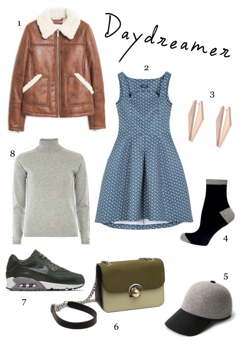 1.Áo khoác Mango - 2.Đầm Max&Co - 3.Hoa tai Oasis - 4.Vớ Dorothy Perkins - 5.Nón Mango - 6.Túi xách Zara - 7.Giày Nike Air Max 90 - 8.Áo cổ lọ Dorothy Perkins