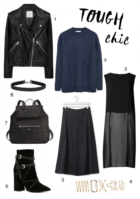 1.Áo khoác da Mango - 2.Áo sweater Mango - 3.Áo voan Marks & Spencer - 4.Set nhẫn Aldo - 5.Quần culottes Topshop - 6.Giày Aldo - 7.Ba lô DKNY - 8.Vòng choker Topshop