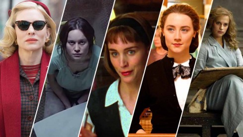 Ứng cử viên cho hạng mục Nữ diễn viên phim chính kịch xuất sắc nhất (từ trài sang): Cate Blanchette, Brie Larson, Rooney Mara, Saoirse Ronan, Alicia Vikander.