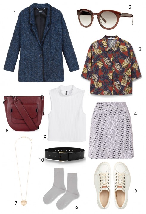 THỨ HAI: 1 áo blazer MAX & Co, 2 mắt kính Banana Republic, 3 áo sơ mi Mango, 4 váy Miss Selfridge, 5 giày Ecco, 6 vớ Topshop, 7 dây chuyền Accessorize, 8 túi Warehouse, 9 áo H&M, 10 thắt lưng Banana Republic