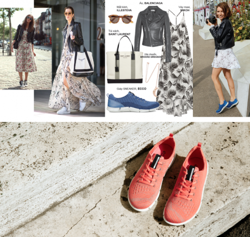 Phối sneaker với váy họa tiết và áo khoác da