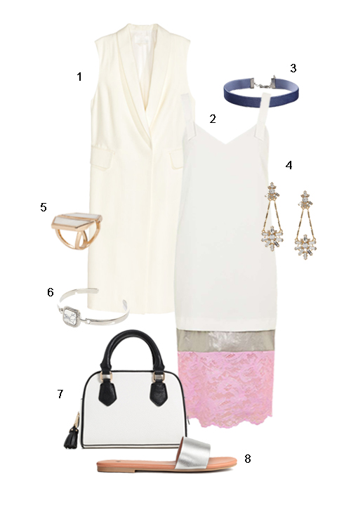 THỨ HAI: 1 Áo khoác H&M, 2 Đầm 2 dây Topshop, 3 Chocker Topshop, 4 Hoa tai Banana Republic, 5 Nhẫn Aldo, 6 Vòng tay River Island, 7 Túi xách Zara, 8 Dép H&M. 