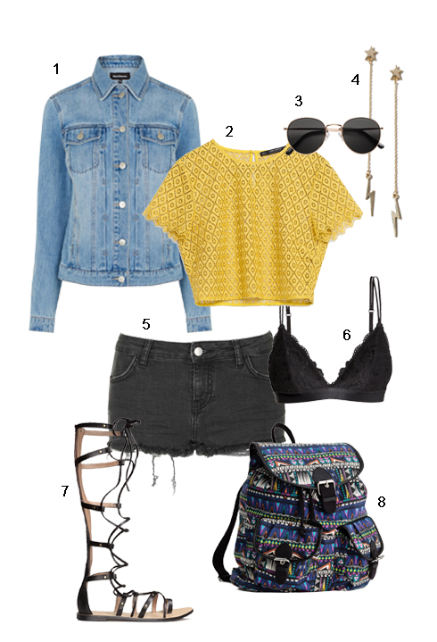 THỨ BA: 1 Áo khoác denim Warehouse, 2 Áo ren Zara, 3 Mắt kính H&M, 4 Hoa tai Topshop, 5 Quần Topshop, 6 Áo bra H&M, 7 Sandal H&M, 8 Ba lô H&M. 