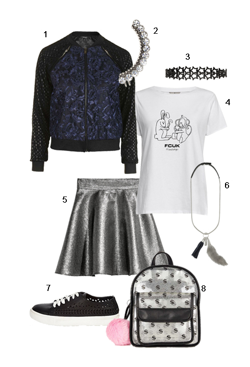 THỨ TƯ: 1 Áo khoác Topshop, 2 Hoa tai H&M, 3 Chocker Accessorize, 4 Áo Fcuk, 5 Váy H&M, 6 Vòng cổ Maxmara, 7 Sneacker River Island, 8 Ba lô Topshop.