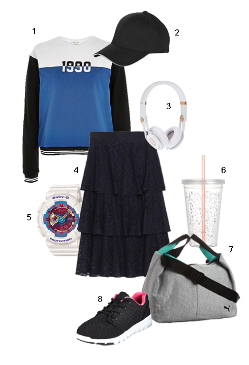 THỨ NĂM: 1 Áo River Island, 2 Nón Topshop, 3 Tai nghe Apple, 4 Váy ren Zara, 5 Đồng hồ Casio, 6 Bình nước H&M, 7 Túi Puma, 8 Giày Macks and Spencer