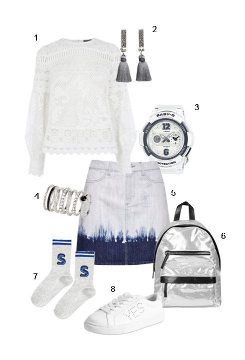 THỨ SÁU: 1 Áo ren Warehouse, 2 Hoa tai H&M, 3 Đồng hồ Casio, 4 Bộ nhẫn H&M, 5 Váy Fcuk, 6 Ba lô Topshop, 7 Vớ Topshop, 8 Sneaker Marks and Spencer.