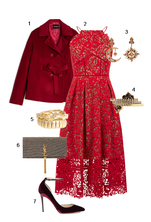 THỨ BẢY: 1 Áo khoác Max&Co, 2 Đầm ren Warehouse, 3 Hoa tai Percossi Papi, 4 Nhẫn Banana Republic, 5 Bộ vòng H&M, 6 Clutch Yves Saint Laurent, 7 Giày Jimmy Choo. 