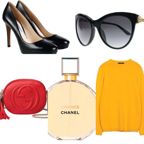 Những món đồ thời trang yêu thích Áo len màu vàng big size, Giày cao gót đen Prada Túi Gucci, Mắt kính Versace