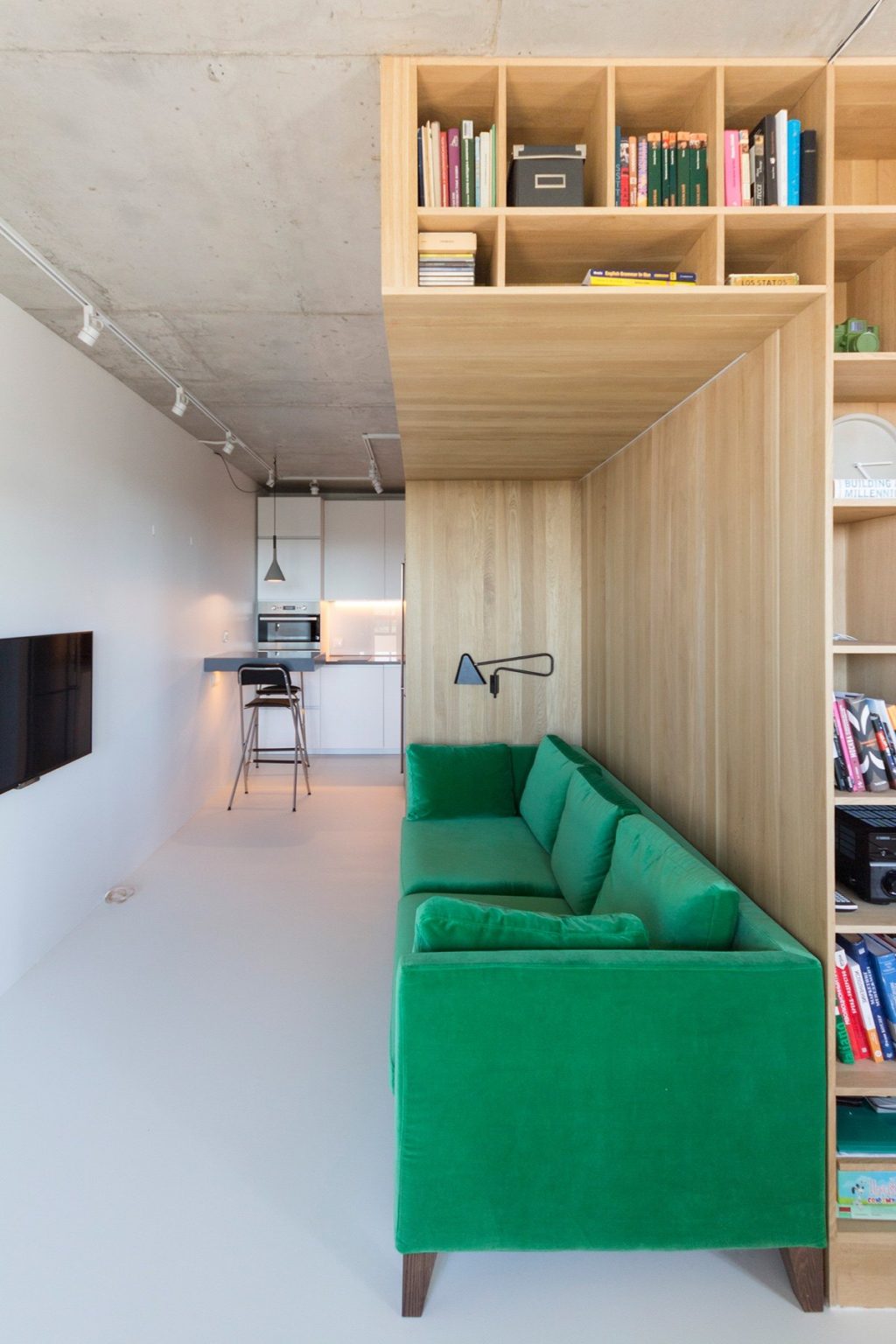2.Apartment-under-50sqm-leaf-green-velvet-couch-L-shaped-bookcase-in-wood
