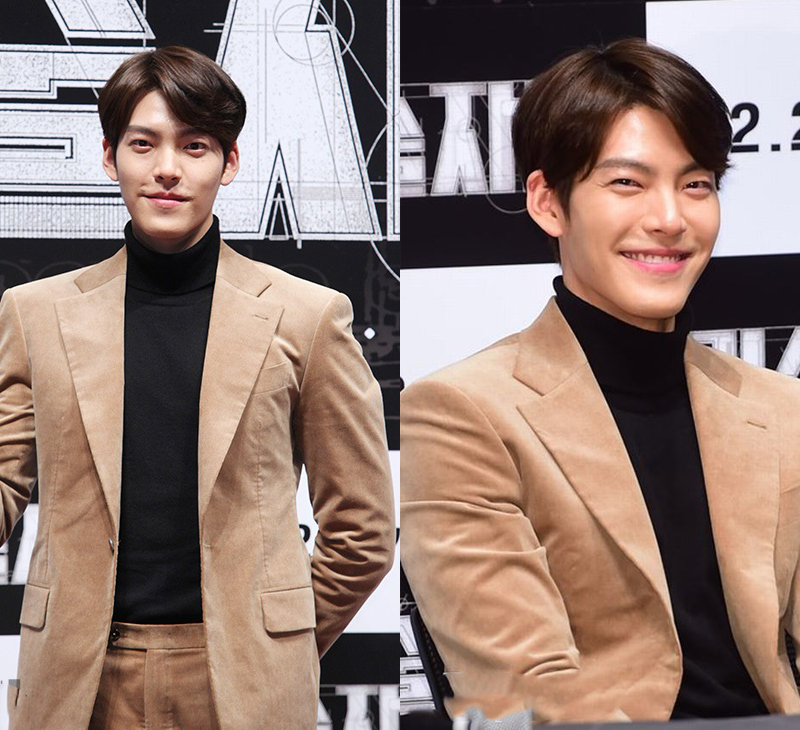 Kim woo bin kết hợp áo đen và vest màu nâu.