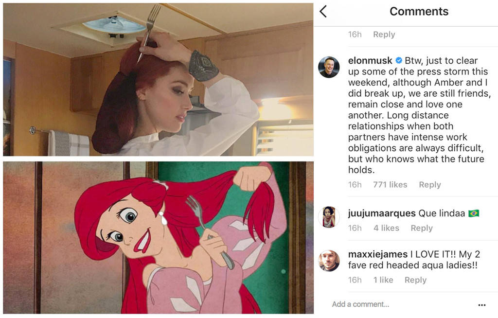 Hình ảnh Amber Heard đăng tải và lời bình luận của Elon Musk