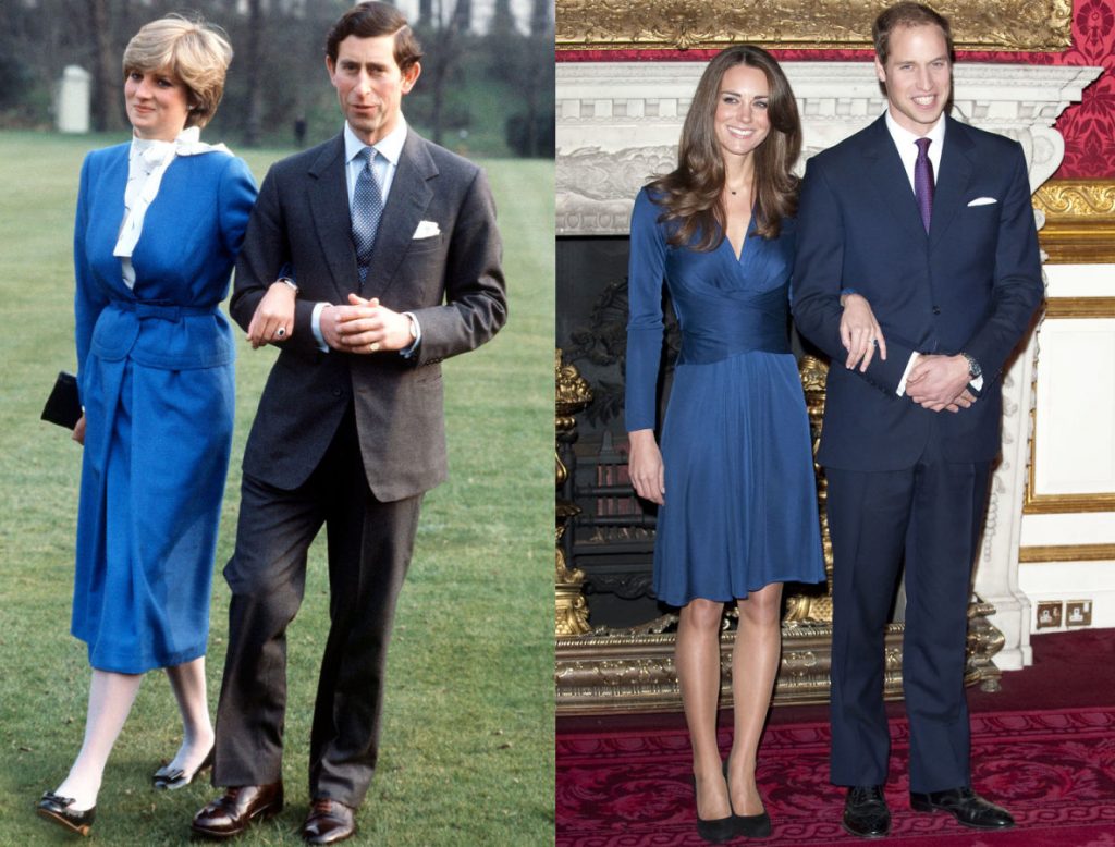 Công nương Diana và Thái tử Charles đính hôn vào tháng 2/1981. Kate và William đính hôn vào tháng 11/2010. Cả hai nàng dâu đều mặc một chiếc váy màu xanh cobalt trong ngày quan trọng của mình. 