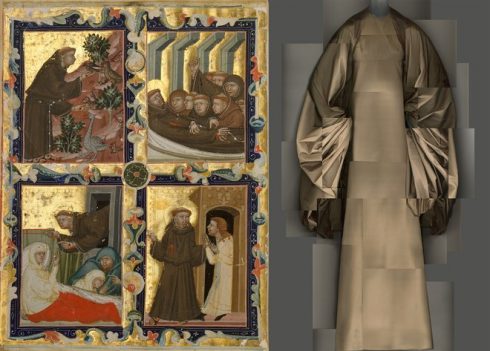 Bên trái: Bản vẽ phác tay những giai đoạn chính trong cuộc đời của Thánh Francis (Assisi) tại Ý, niên đại 1320-42. Bên phải: Đầm dạ tiệc đêm của Madame Grès, năm 1969