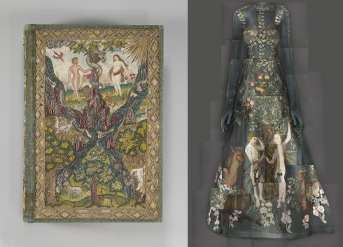Bên trái: Kinh thánh và sách giáo lý của con dân mộ đạo tại Anh, năm 1607, được cấu thành từ giấy lụa và bìa nẹp kim loại. Bên phải: Đầm dự tiệc đêm của thương hiệu Valentino, thuộc BST Haute Couture 2014, do bộ đôi Maria Chiuri và Poerpaolo Piccioli sáng tạo.
