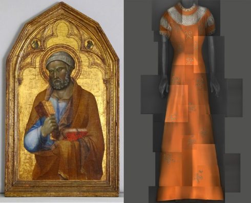 Bên trái: Tác phẩm của học trò danh họa Lippo Memmi, mô tả chân dung của Thánh Peter, giai đoạn giữa thế kỷ 14. Tác phẩm khắc màu trên gỗ nền vàng. Bên phải: Đầm dạ tiệc buổi đêm của Elsa Schiaparelli thuộc BST mùa Hè 1939.