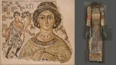 Bên trái: Một mảnh vỡ của gạch lót sàn “Personification of Ktisis” thuộc triều đại Byzantine (niên đại: 500-550) được phục dựng với gương và đá hoa cương. Bên phải: Mẫu thiết kế của Dolce & Gabbana thuộc BST mùa Thu 2013-14 được lấy cảm hứng từ bên trái.