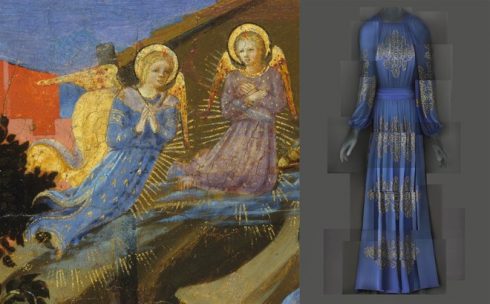 Bên trái: Tác phẩm ‘The Nativity’ của họa sĩ Zanobi Strozzi, niên đại 1433 – 34. Bên trái: Đầm dạ tiệc đêm của Lanvin do Jeanne Lanvin thiết kế, năm 1939.