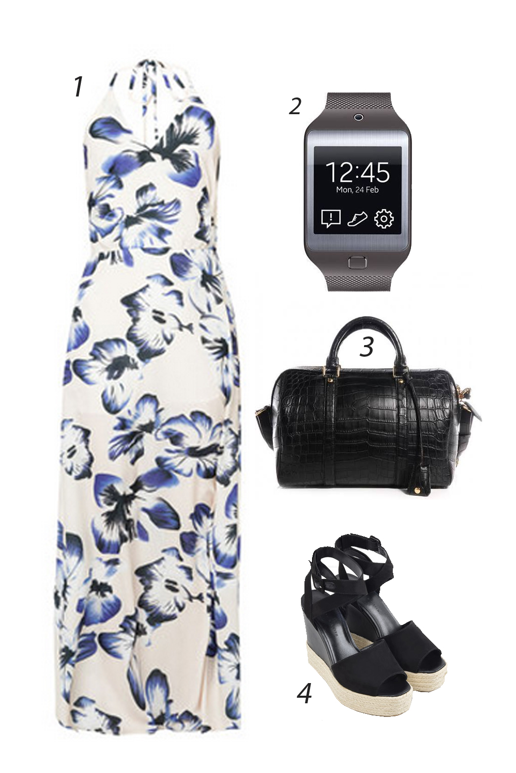 Chủ Nhật thướt tha với đầm maxi dài họa tiết hoa. 1. CATWALK88 MAXI 2.SAMSUNG GALAXY GEAR 3. LOUIS VUITTON 4. CHARLES & KEITH