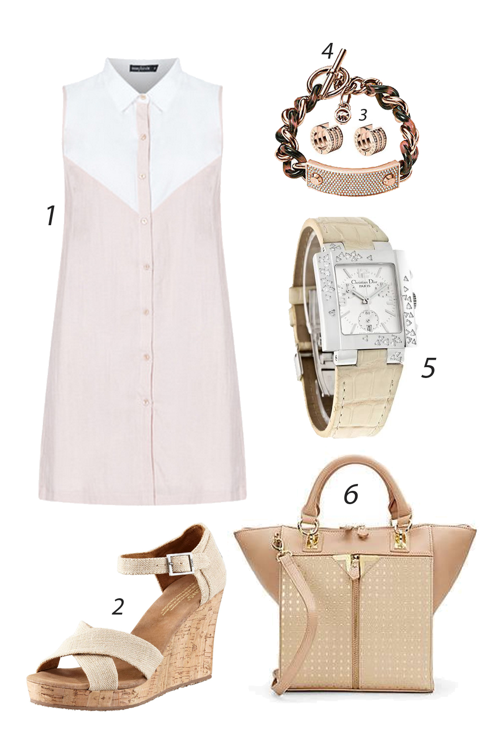 Thứ Sáu đơn giản với váy hồng phấn kết hợp phụ kiện màu nude. 1. INNER CIRCLE 2. TOMS SHOES 3&4. MICHAEL KORS 5. CHRISTIAN DIOR 6. DANIELLE NICOLE