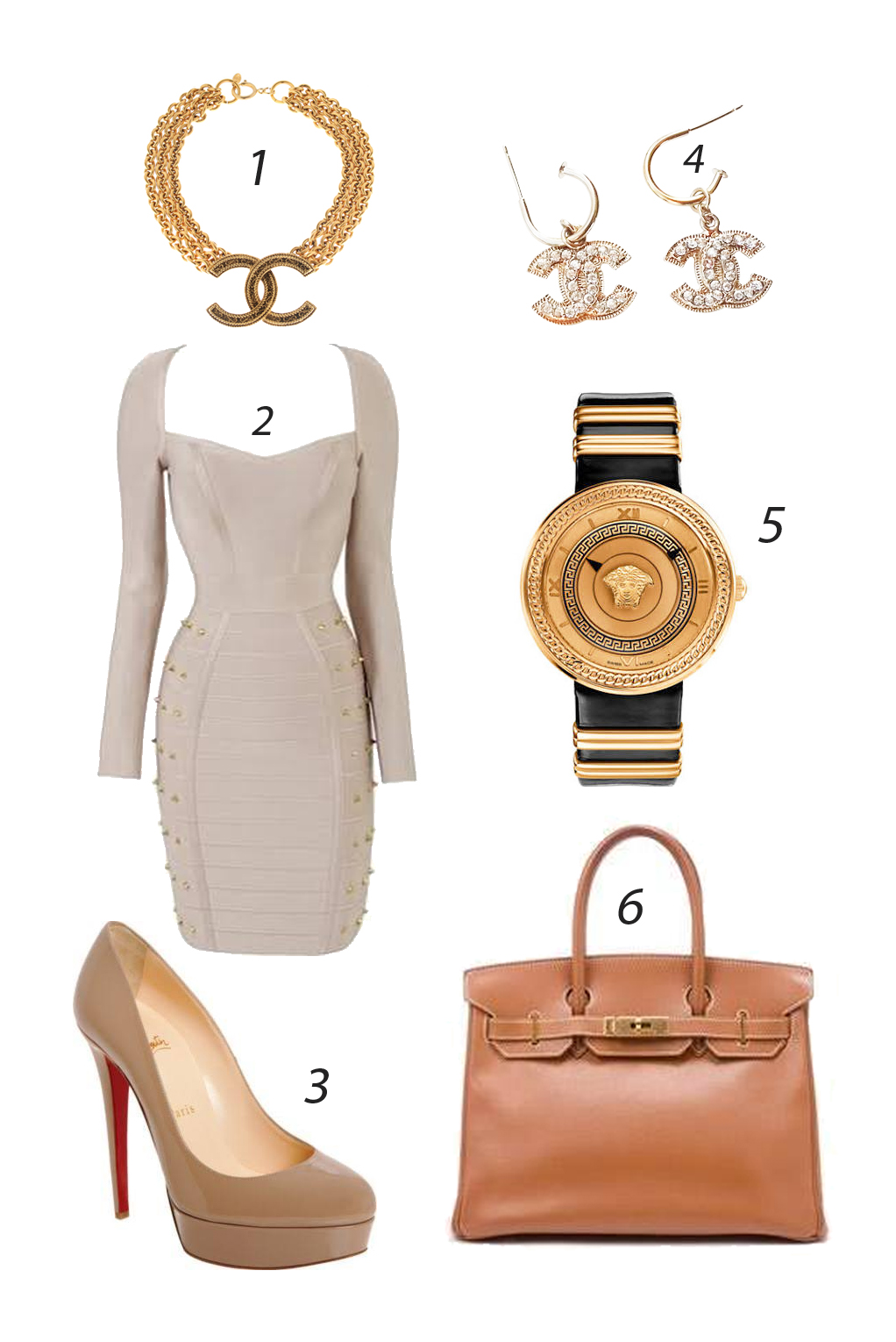 Thứ Bảy sexy với đầm bó hở cổ sâu. 1&4. CHANEL 2. TRENDSGAL 3. CHRISTIAN LOUBOUTIN 5. VERSACE