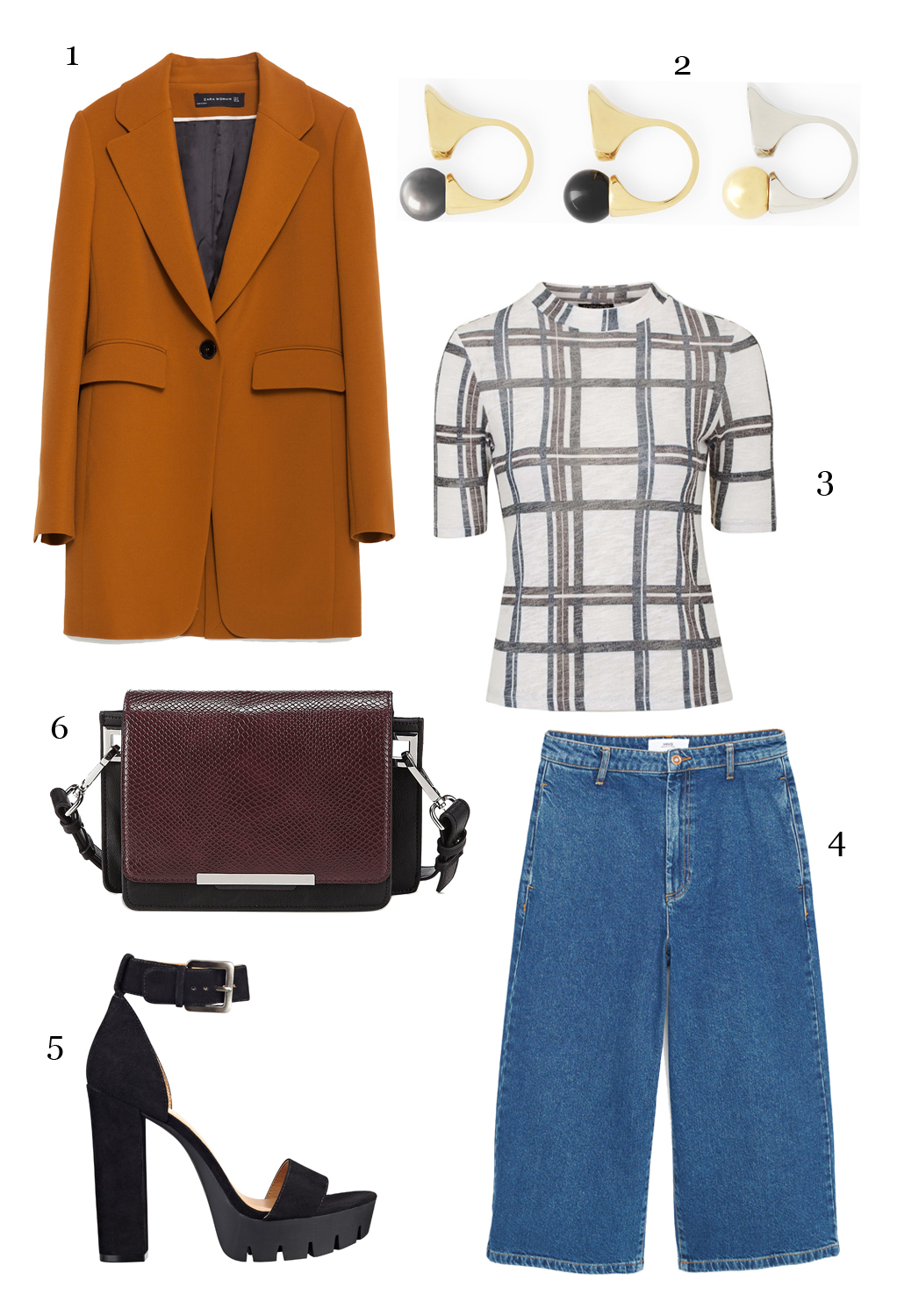 CÁCH PHỐI 6: 1-Áo blazer Zara, 2-Set nhẫn Chloé, 3-Áo Topshop, 4-Quần Mango, 5-Giày Nine West, 6-Túi Marks & Spencer.