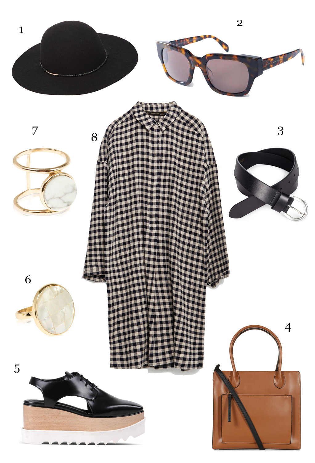 CÁCH PHỐI 7: 1-Nón Marks & Spencer, 2-Mắt kính Marc Jacobs, 3-Thắt lưng Marks & Spencer, 4-Túi Accessorize, 5-Giày Stella McCartney, 6,7-Nhẫn Accessorize, 8-Áo tunic Zara.