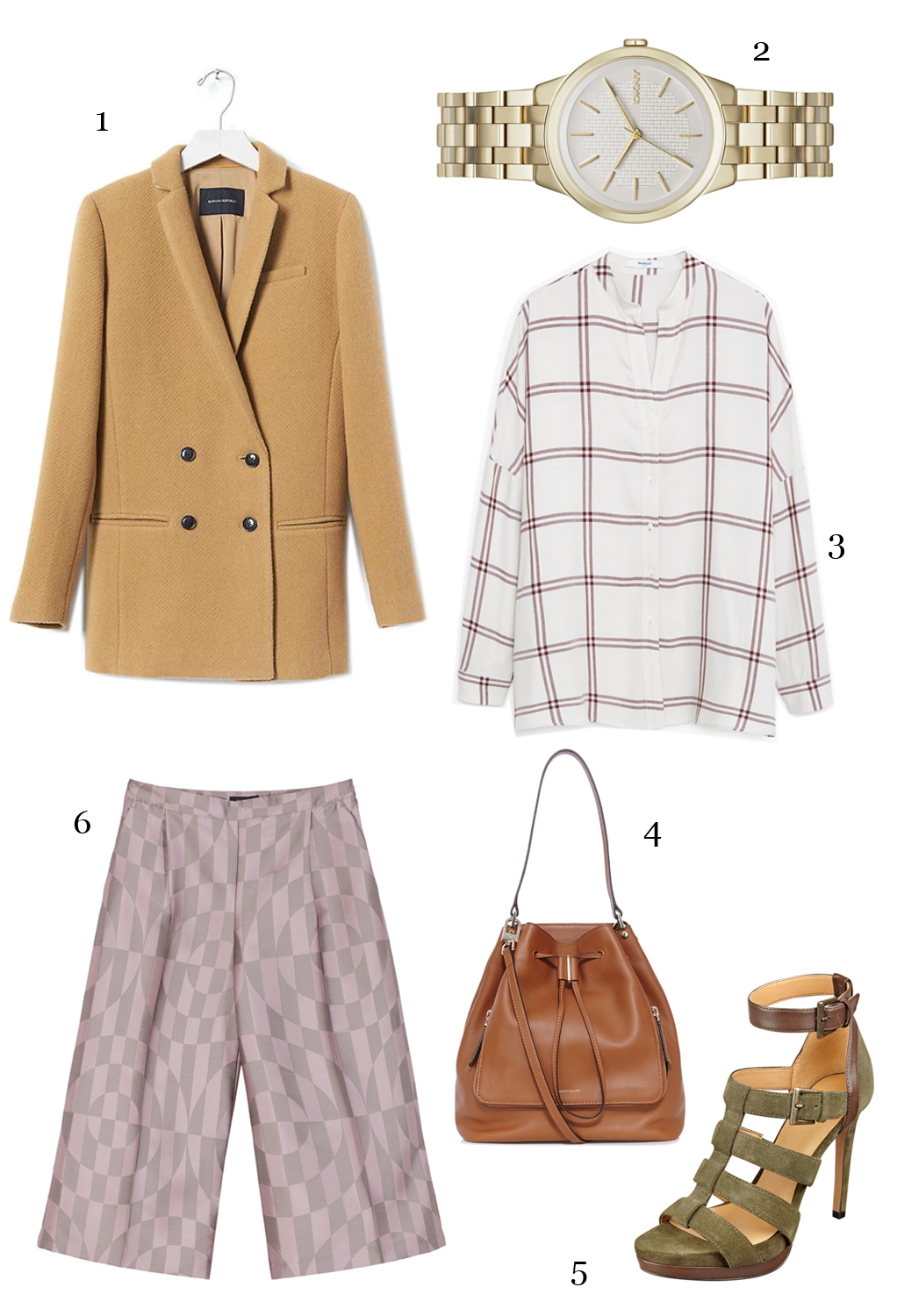 CÁCH PHỐI 4: 1-Áo blazer Banana Republic, 2-Đồng hồ DKNY, 3-Áo Mango, 4-Túi Karen Millen, 5-Giày Nine West, 6-Quần Max & Co.
