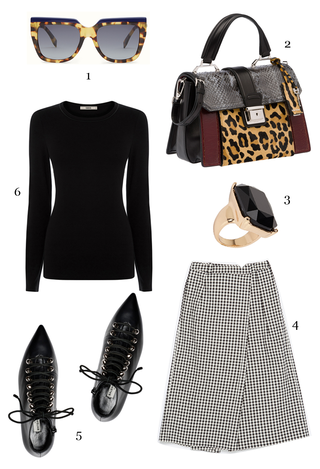 CÁCH PHỐI 2: 1-Mắt kính Fendi, 2-Túi xách Miu Miu, 3-Nhẫn Aldo, 4-Skort Zara, 5-Boots Balenciaga, 6-Áo Oasis.