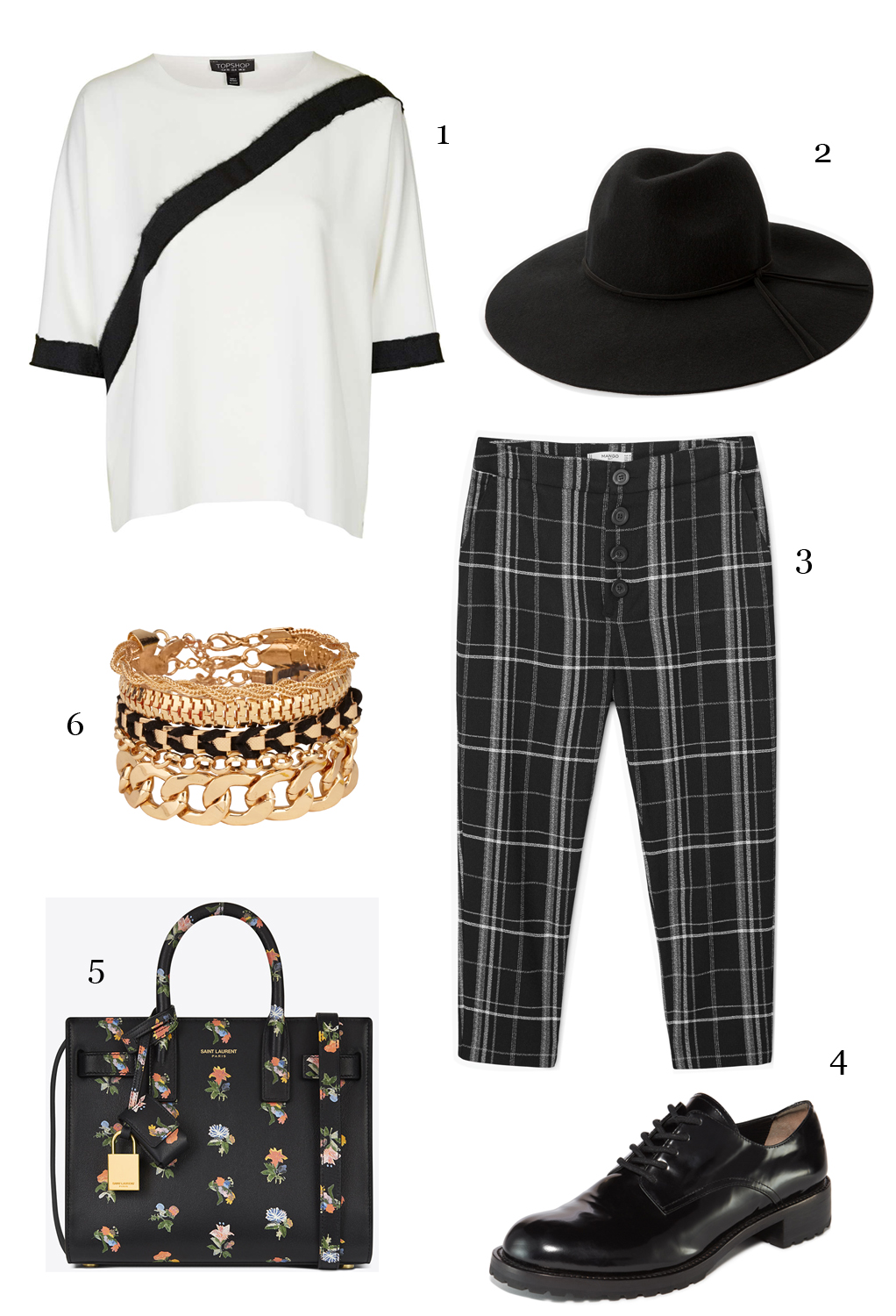 CÁCH PHỐI 3: 1-Áo Topshop, 2-Nón Mango, 3-Quần lửng Mango, 4-Giày Oxford DKNY, 5-Túi Saint Laurent, 6-Set vòng tay Aldo.
