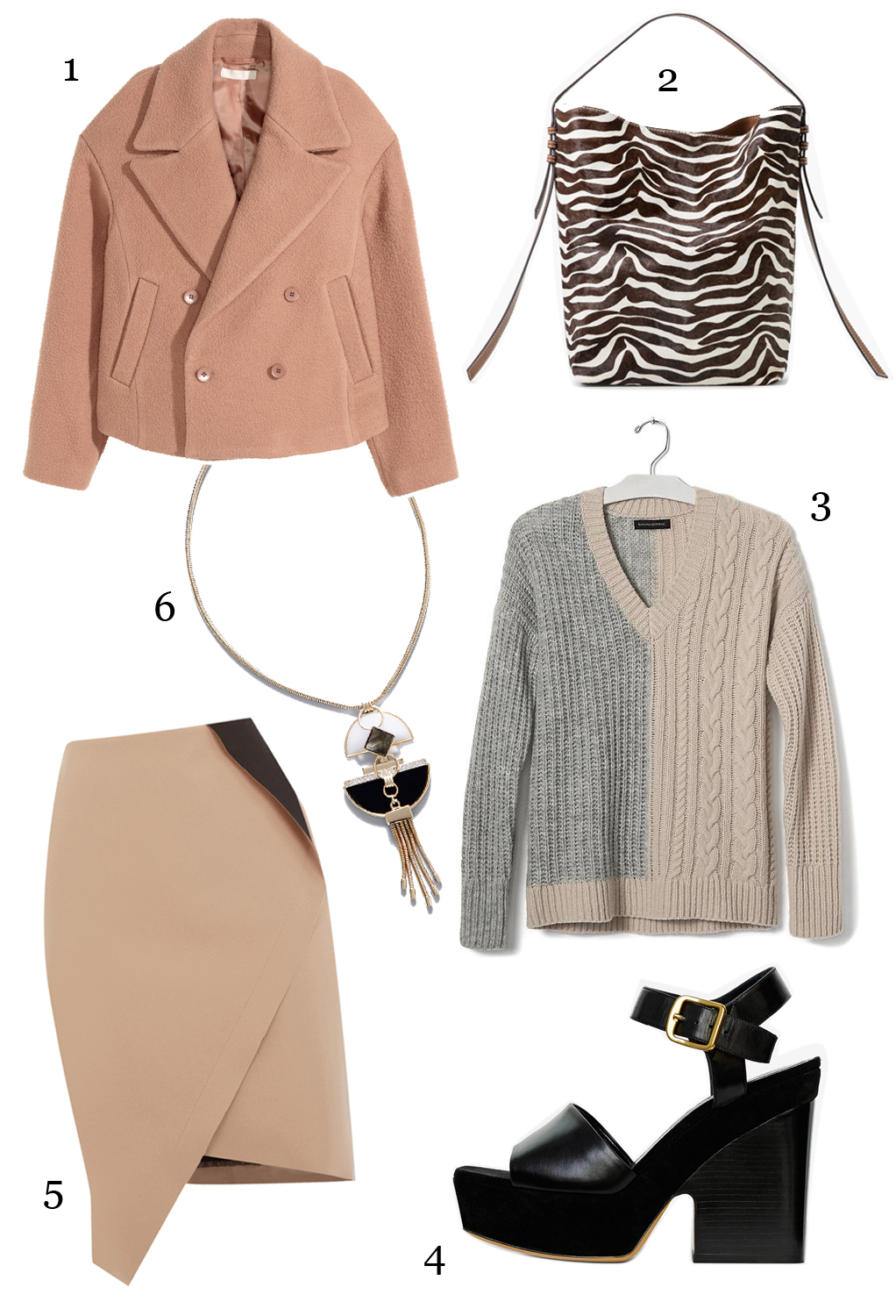 CÁCH PHỐI 1: 1.Áo khoác H&M - 2.Túi Mango - 3.Áo len Banana Republic - 4.Giày Céline - 5.Váy Oasis - 6.Dây chuyền Marks & Spencer