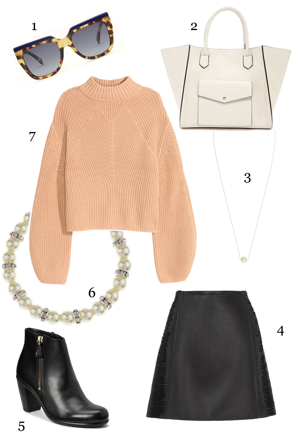 CÁCH PHỐI 3: 1.Kính Fendi - 2.Túi Forever 21 - 3.Dây chuyền Accessorize - 4.Váy Max&Co - 5.Giày Ecco - 6.Vòng tay Accessorize - 7.Áo len H&M