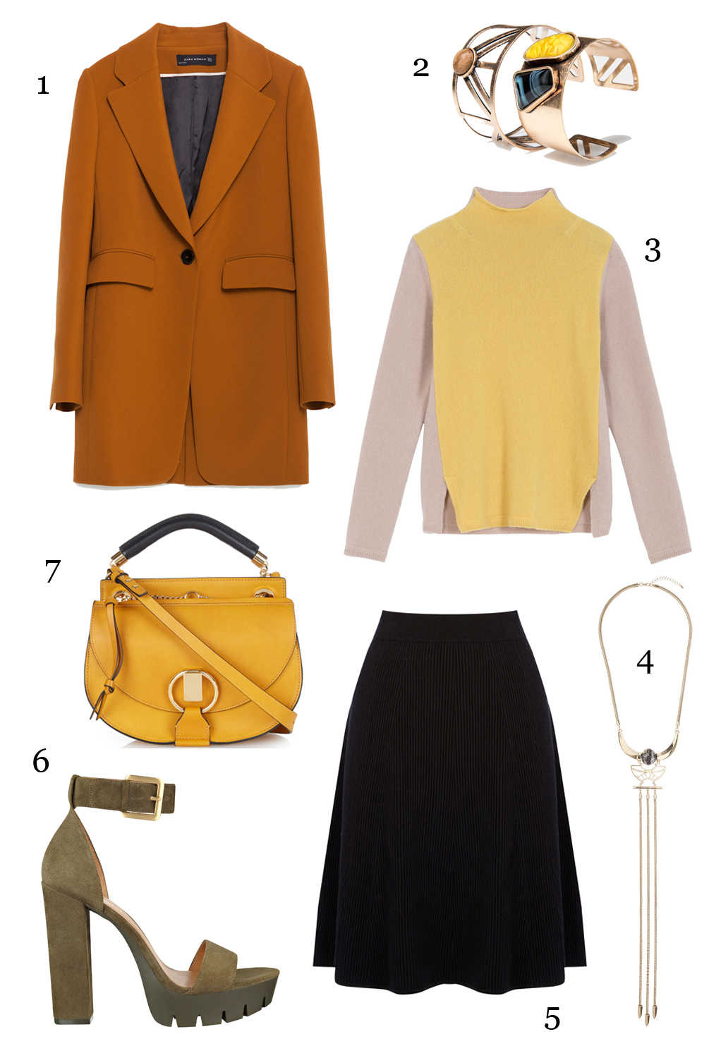 CÁCH PHỐI 4: 1.Áo khoác Zara - 2.Set vòng tay Mango - 3.Áo len Max&Co - 4.Dây chuyền Topshop - 5.Váy Warehouse - 6.Gày Nine West - 7.Túi Chloé