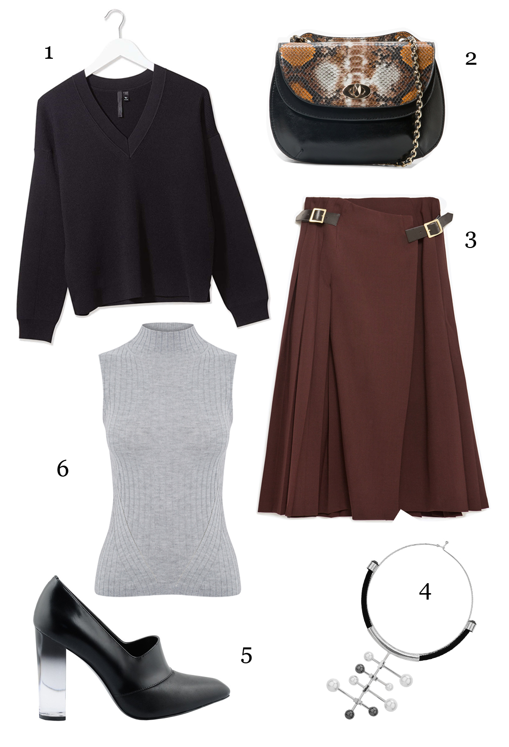 CÁCH PHỐI 6: 1.Áo len Topshop - 2.Túi xách Mango - 3.Váy Zara - 4.Vòng cổ Topshop - 5.Giày Pedro - 6.Áo Warehouse