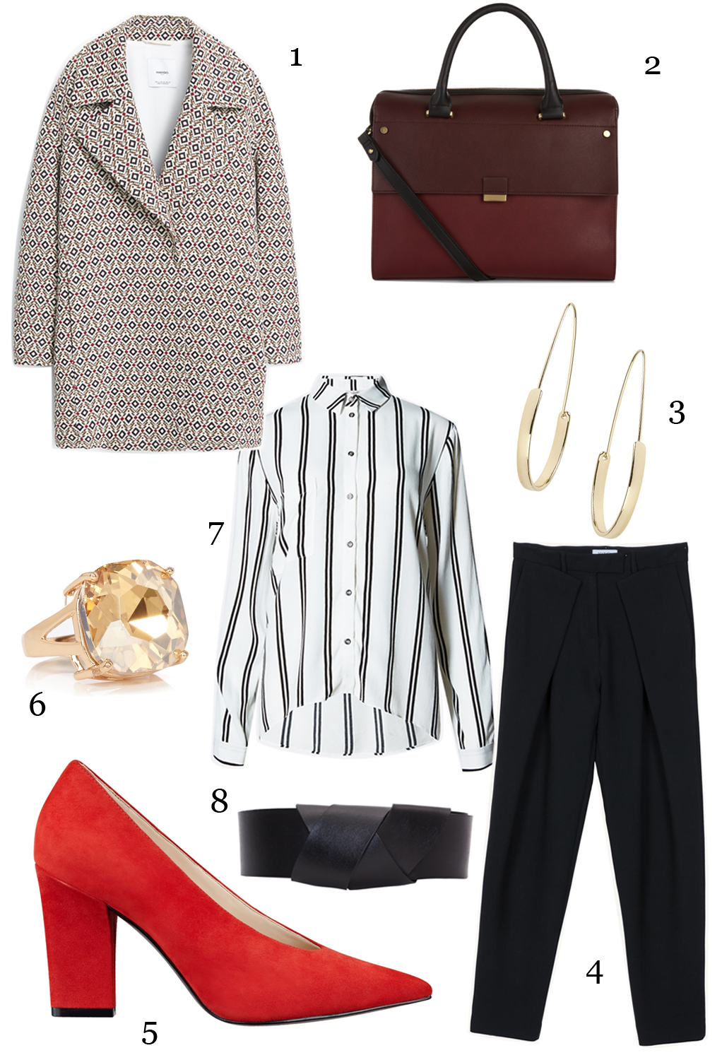 CÁCH PHỐI 1: 1.Áo khoác Mango - 2.Túi Accessorize - 3.Hoa tai Topshop - 4.Quần Max & Co - 5.Giày Nine West - 6.Nhẫn Coast - 7.Áo Marks & Spencer - 8.Thắt lưng Max & Co