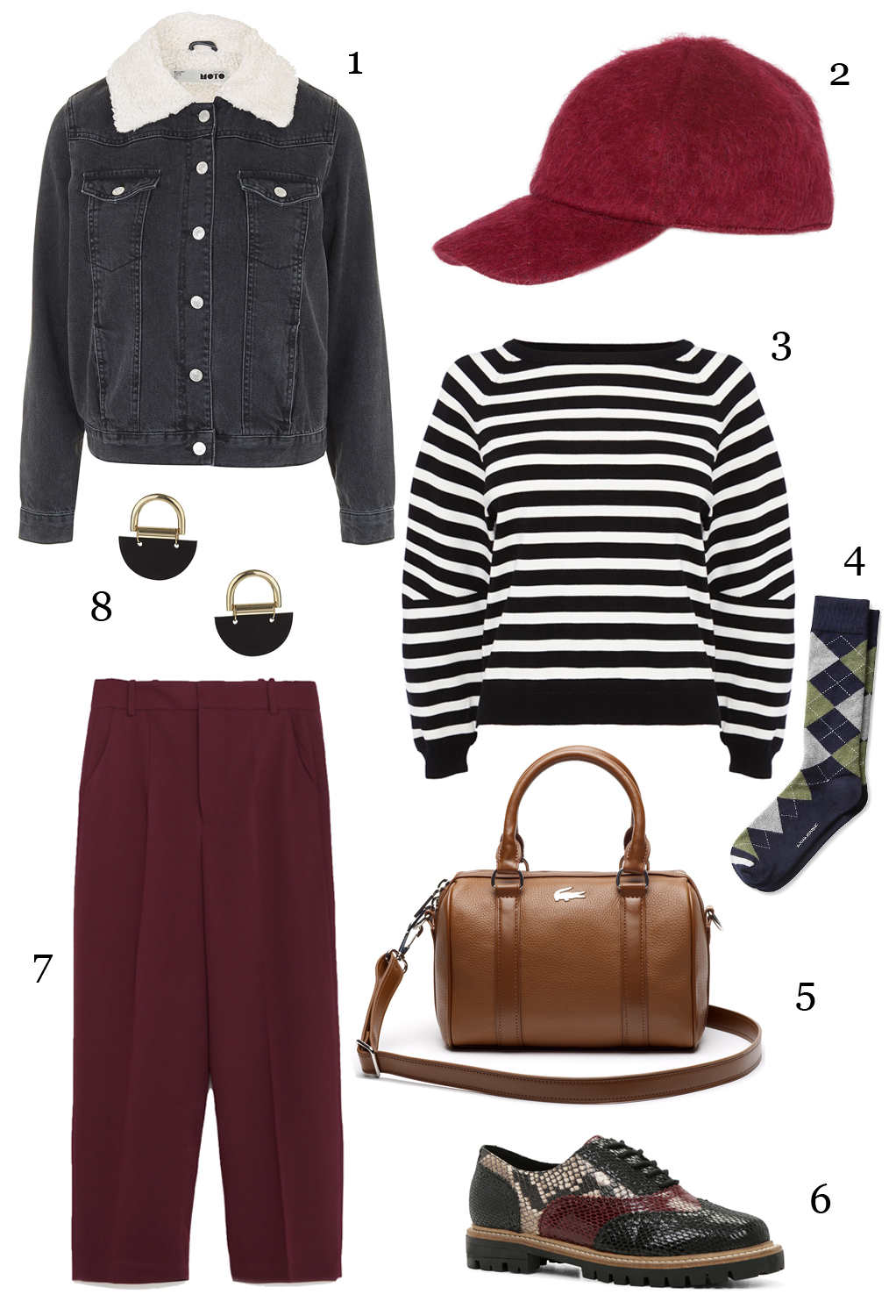 CÁCH PHỐI 3: 1.Áo khoác Topshop - 2.Nón Max & Co - 3.Áo jumper Karen Millen - 4.Vớ Banana Republic - 5.Túi Lacoste - 6.Giày Aldo - 7.Quần Zara - 8.Hoa tai Topshop